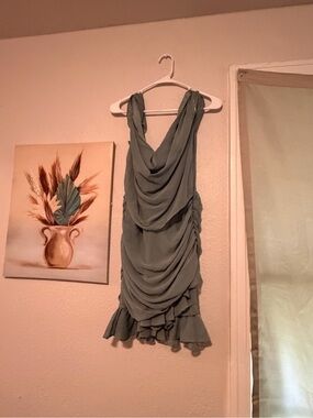 Fashion Nova Sage Green Draped Mini Dress with Ruffle Hem